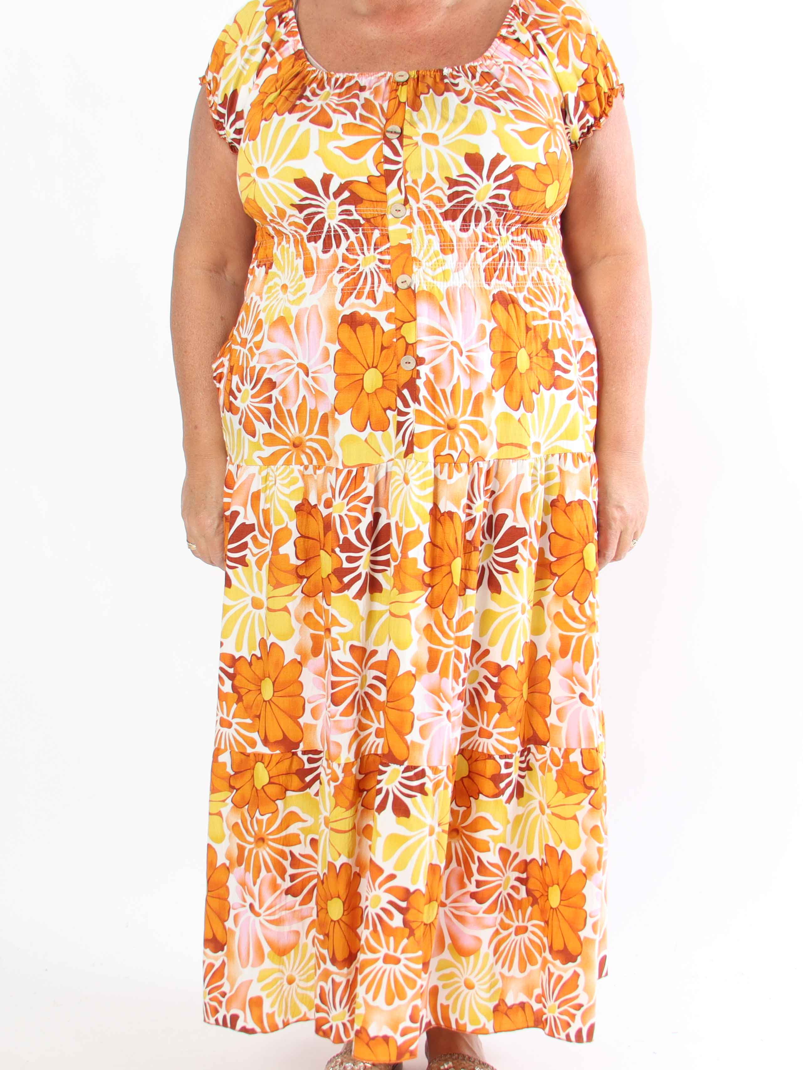 Monica - Plus size kjole i viskose med smock i taljen og pufærmer